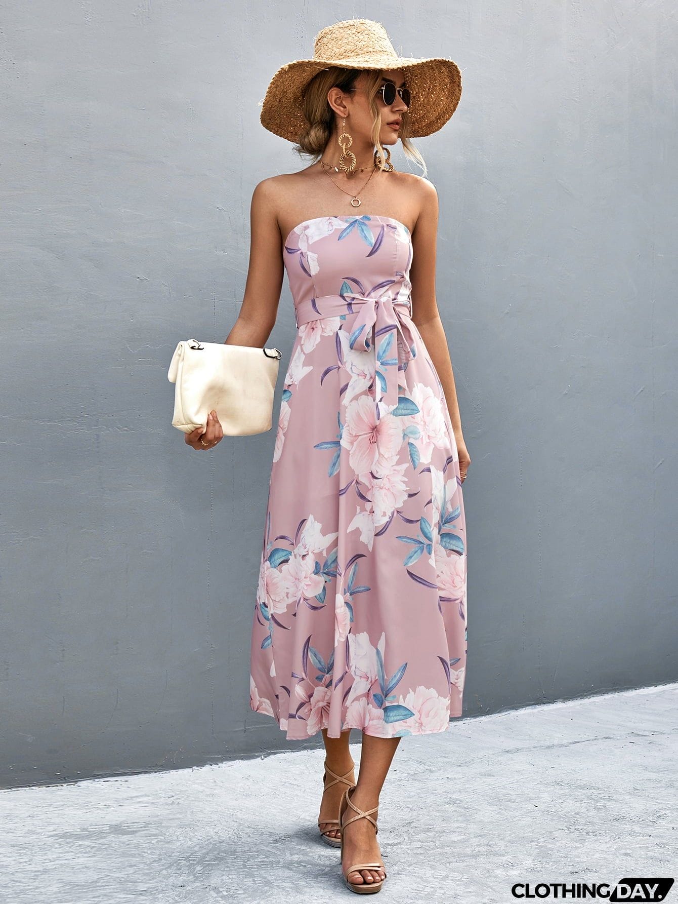 Floral Print Tie Waist Straight Neck Midi Dress