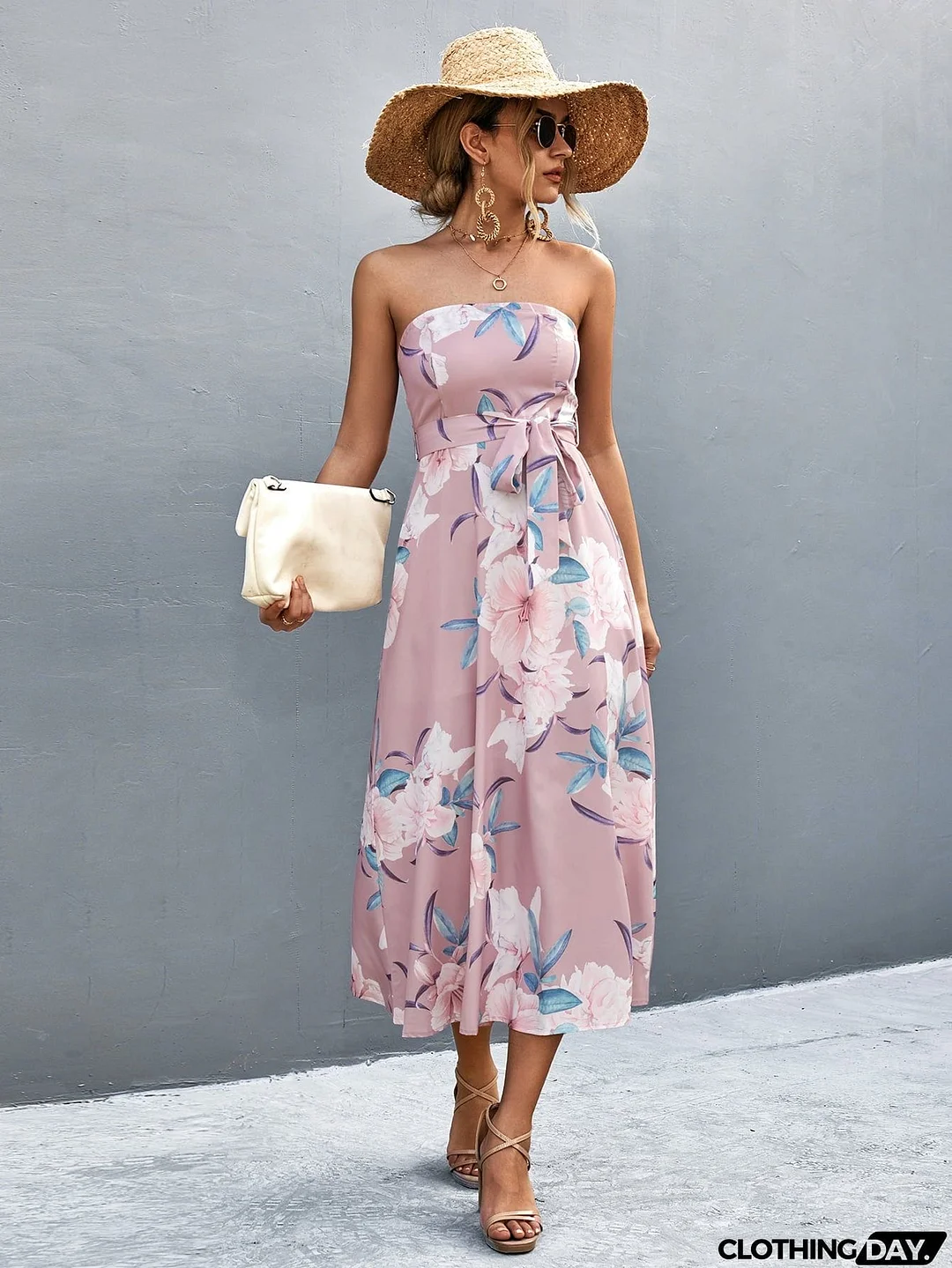 Floral Print Tie Waist Straight Neck Midi Dress