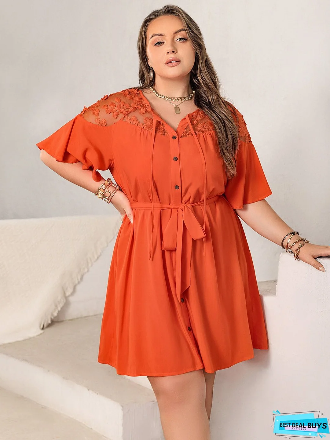 Plus Size Lace Button Up Half Sleeve Dress