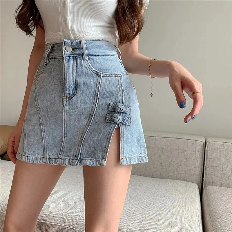 Women's High Waist Denim Shorts Skirts Korean Button Zipper Split Mini A-line Skirt Sexy Clothing Female Night Club Wear 2021