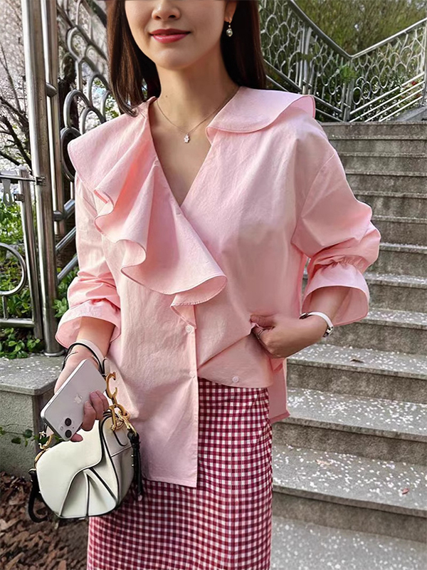 Ruffled Detail Balloon Sleeve Solid Color Loose Shirt