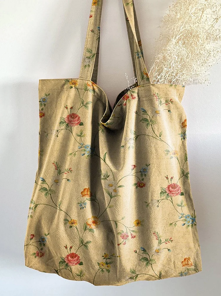 Retro Floral Art Print Casual Linen Tote Bag