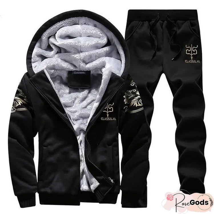 Men Fleece Warm Printed Coat Hooded Pullover Hoodie Sweatshirts + Sweatpants Suit