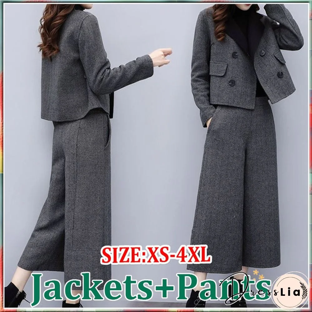 Autumn Winter Woolen Two Piece Sets Outfits Women Plus Size Short Coat And Wide Leg Pants Suits Elegant Office Korean Sets