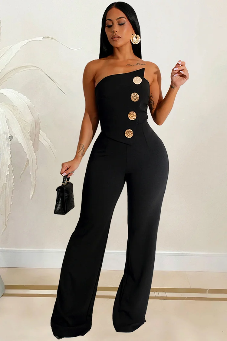 Strapless Button Straight Leg Jumpsuit-Black
