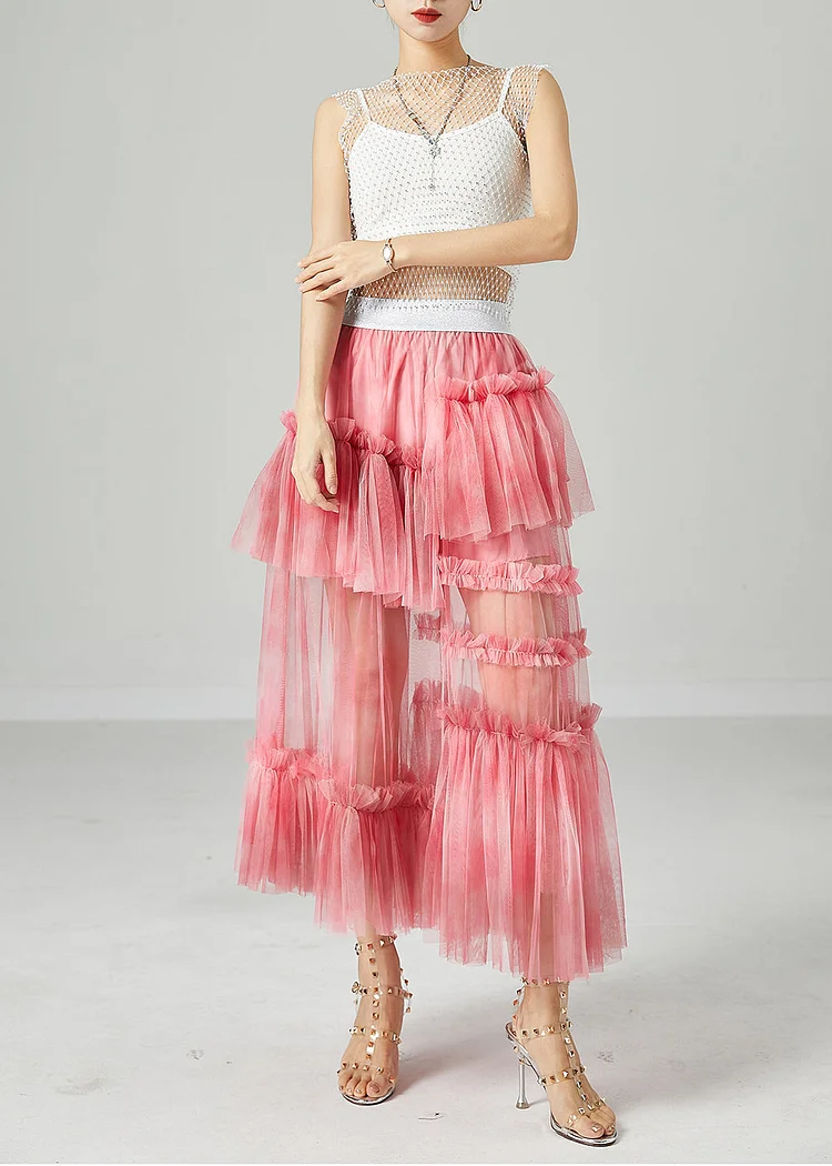 6.25Modern Pink Elastic Waist Patchwork Hollow Out Tulle Skirt Summer