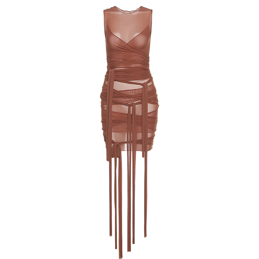 Rotimia Sheer Mesh Wrap Tie Ribbon Mini Dress