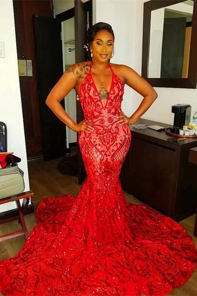 Sexy Halter Sequin Evening Dress Red Mermaid Slit Prom Dress cc3031