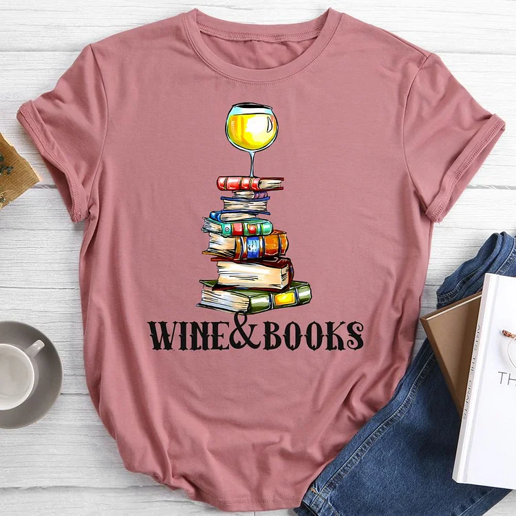 wine and books Round Neck T-shirt-0022703