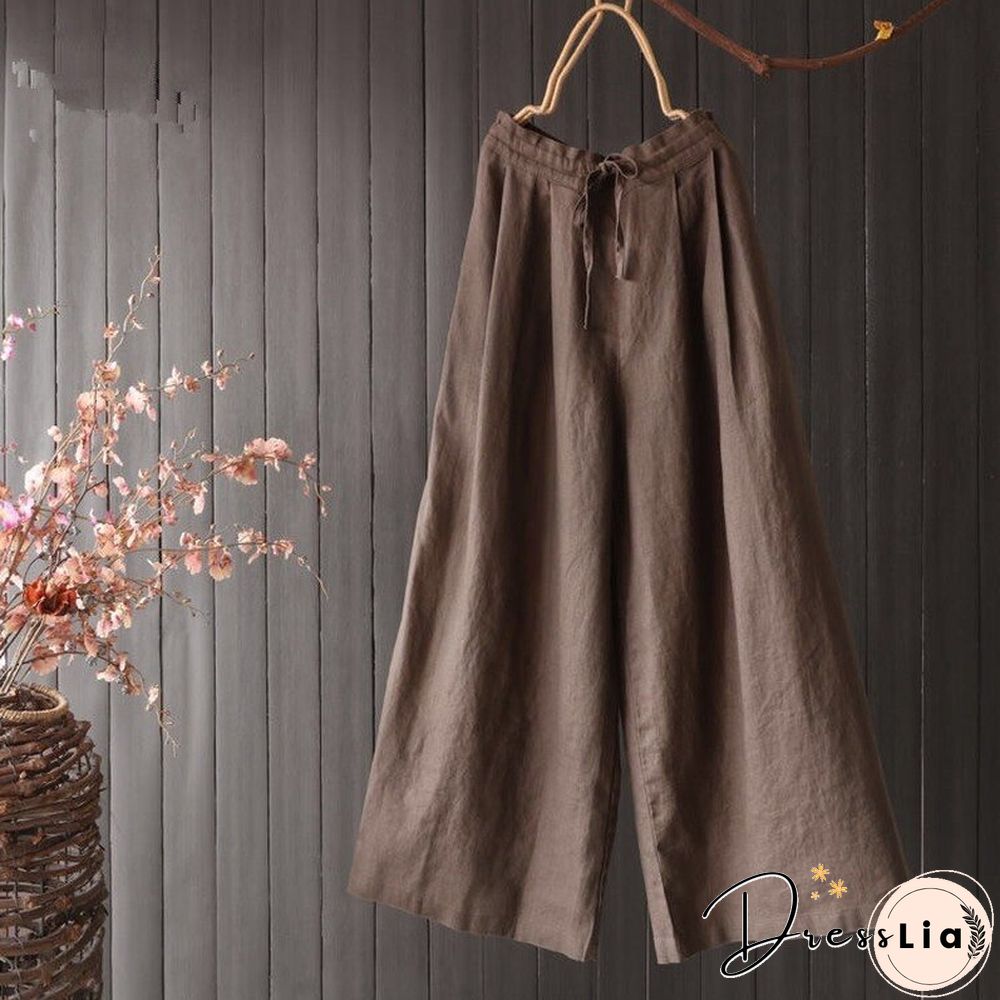 Women's Clothing Literary Flat-waist Lace-up Trousers Summer Casual Plus Size Pants for Women Retro Linen Wide-leg Pants