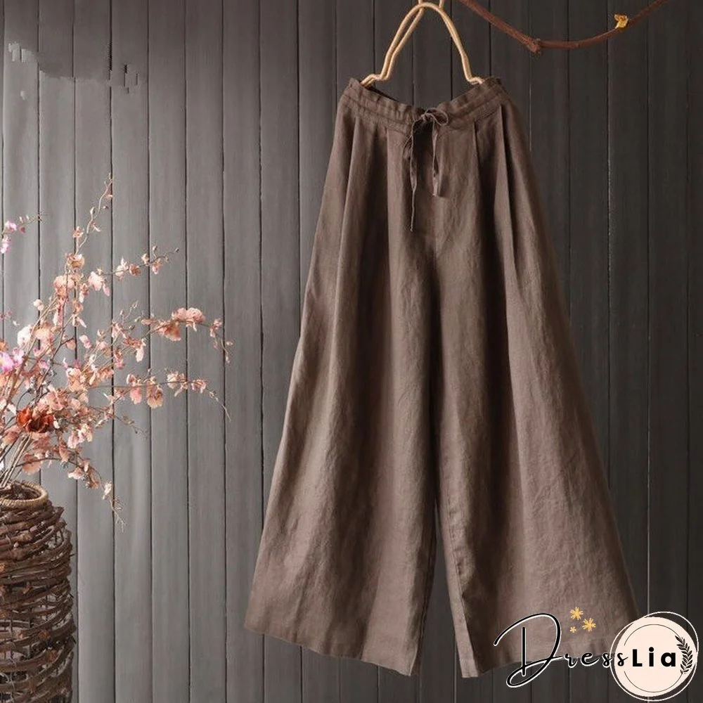 Women's Clothing Literary Flat-waist Lace-up Trousers Summer Casual Plus Size Pants for Women Retro Linen Wide-leg Pants