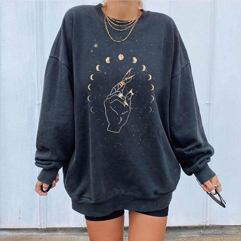 Mysterious Hand Starry Sky Moon Print Loose Sweatshirt