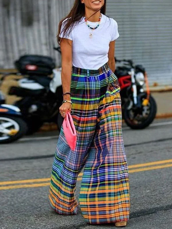 Stylish Selection - Wide Leg Checkerboard Printed Casual Pants Bottoms