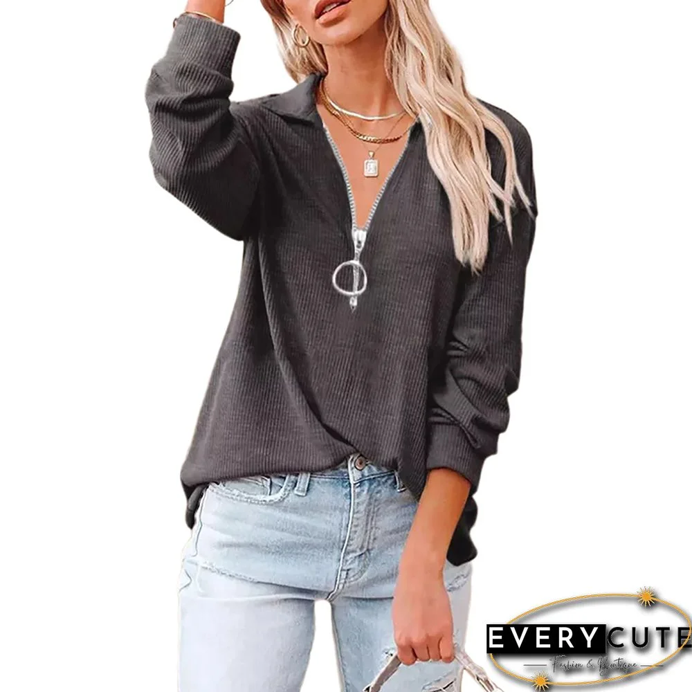 Gray Cotton Blend Zipper Turn Down Collar Long Sleeve Tops