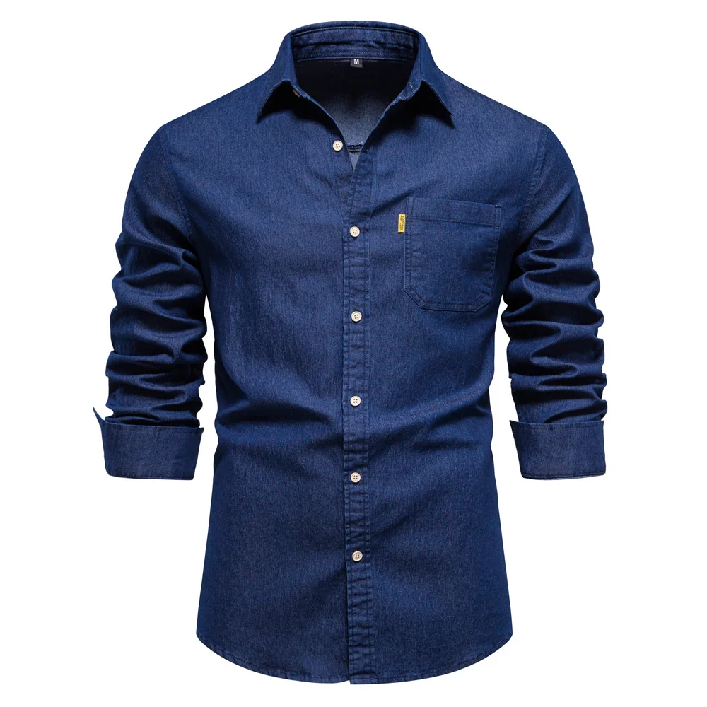 Men's Casual Solid Color Long-sleeved Denim Shirt