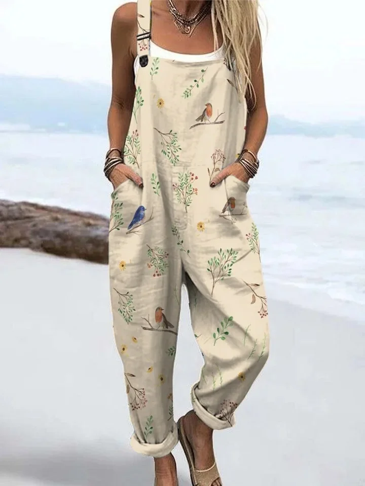 Women's Vintage Robin Floral Print Casual Cotton Wide Leg Jumpsuit