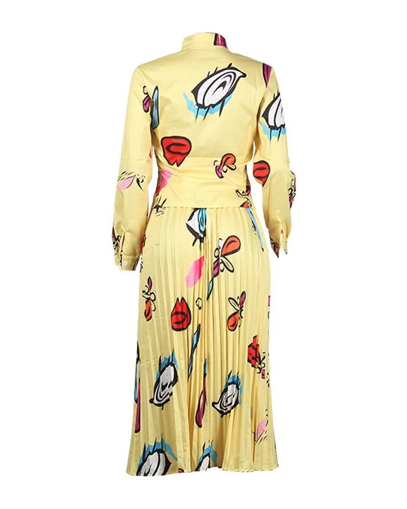 Eye-printed long-sleeved shirt + pleated skirt two-piece suit