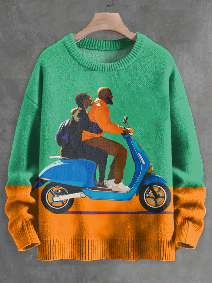 Men's Black Couple Traveling On Electromobile Art Print Knit Sweatshirt