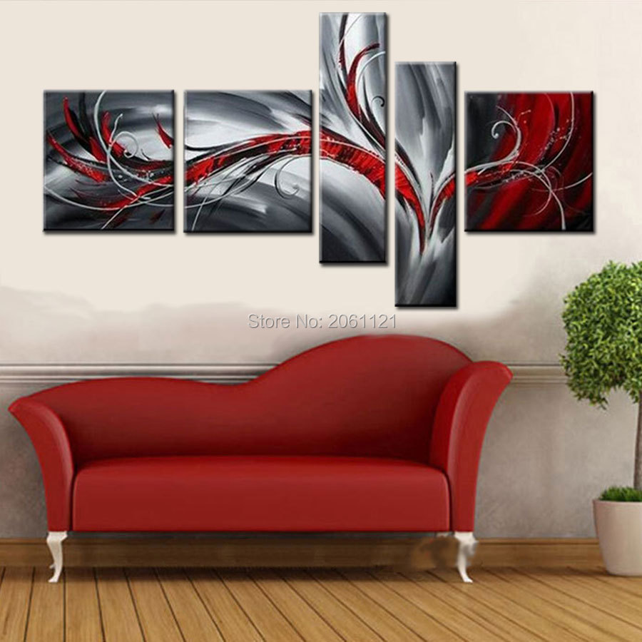 5 panel wall art 100% Hand Painted Modern abstract red AND black GRAY oil paintings on canvas for living room home decor
