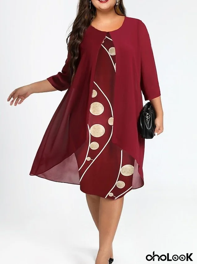Women's Plus Size Dress Set Graphic Round Neck Ruched 3/4 Length Sleeve Spring Fall Work Formal Knee Length Dress Formal Work Dress / Layered / Print