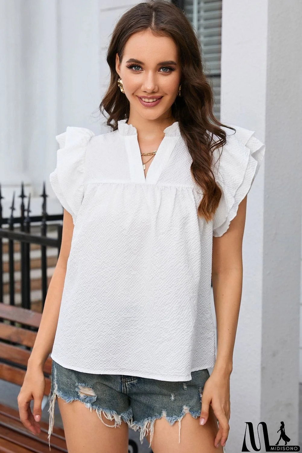 MidiSono - White Ruffle Flutter Notch Neck Top