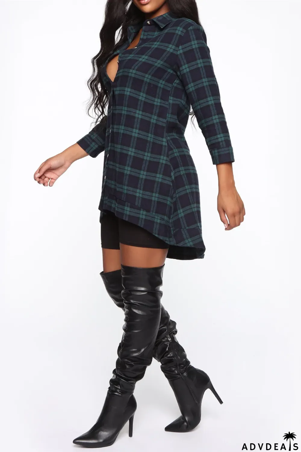 Blue Fashion Casual Plaid Print Asymmetrical Turndown Collar Tops