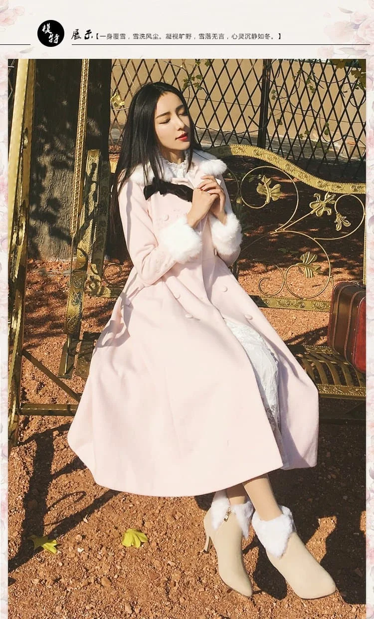 Light Pink Sweet Winter Woolen Double Breasted Maxi Long Dress Coat SP13263