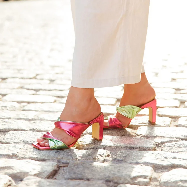 Green & Pink Square Toe Twist Strap Block Heel Mules Sandals |FSJ Shoes