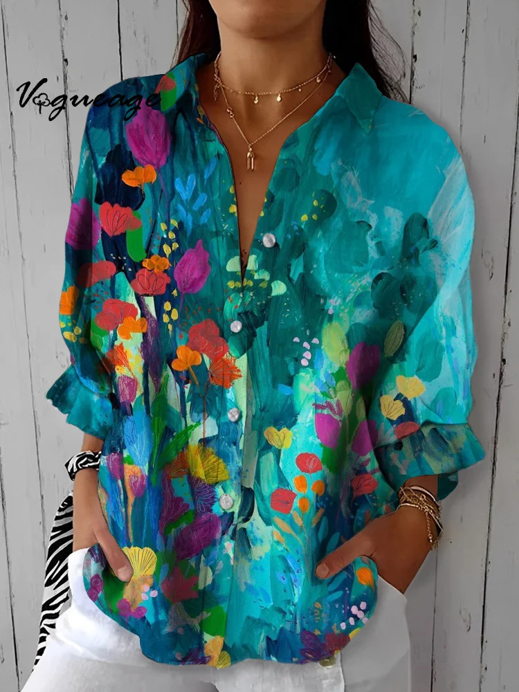 Fashionable And Beautiful Watercolor Flowers And Plants Printed Cotton And Linen Shirt