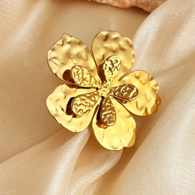 304 Stainless Steel 18K Gold Plated Elegant Retro Pleated Flower Open Rings
