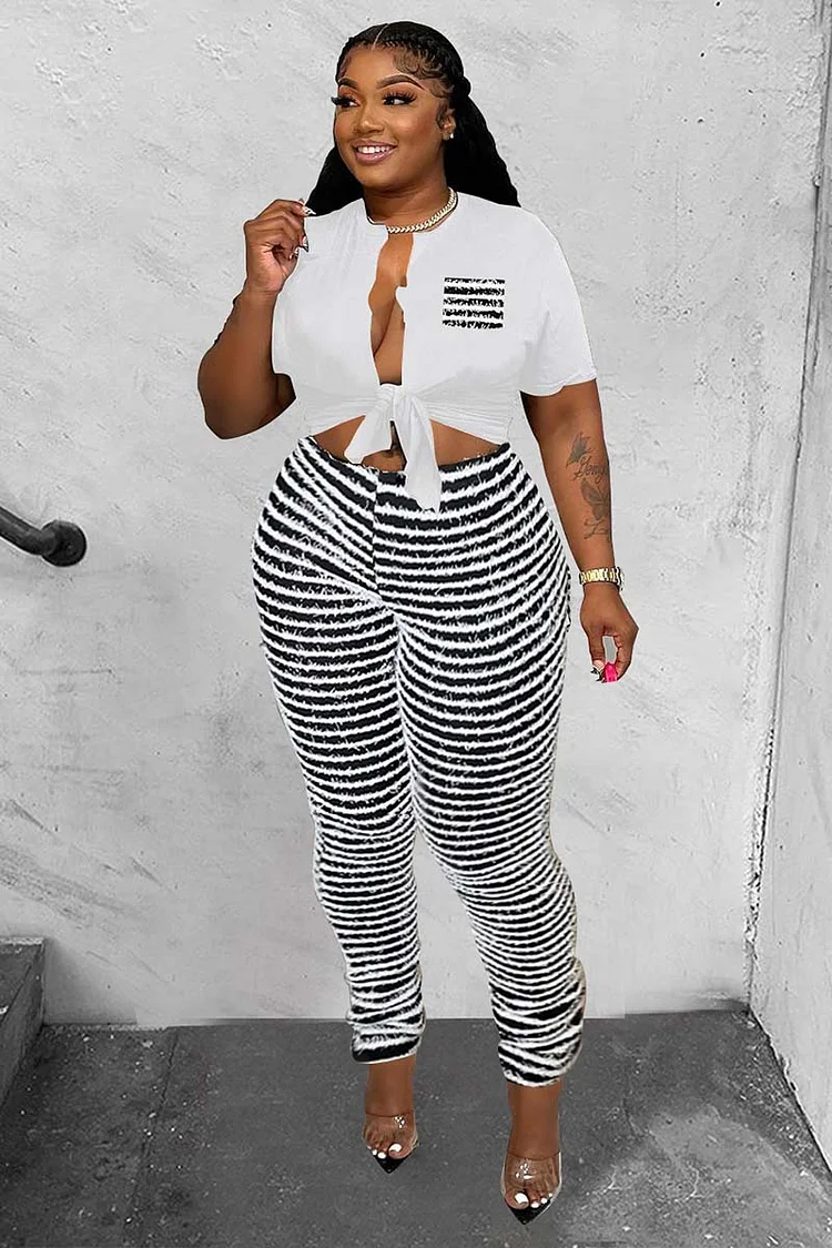 Deep V Neck Short Sleeve Tie Up Crop Top Striped Leggings Casual Two-Piece Set