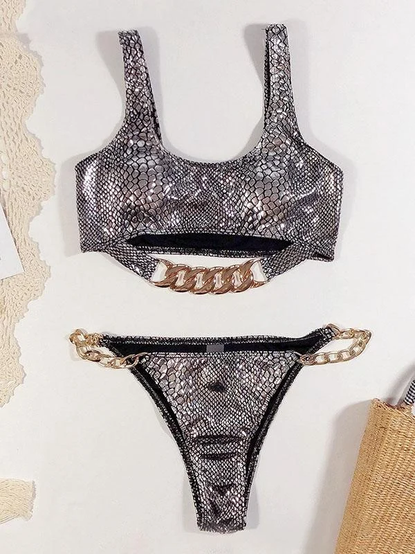 Snake-Print Chain Embellished Split Bikini Swimsuit