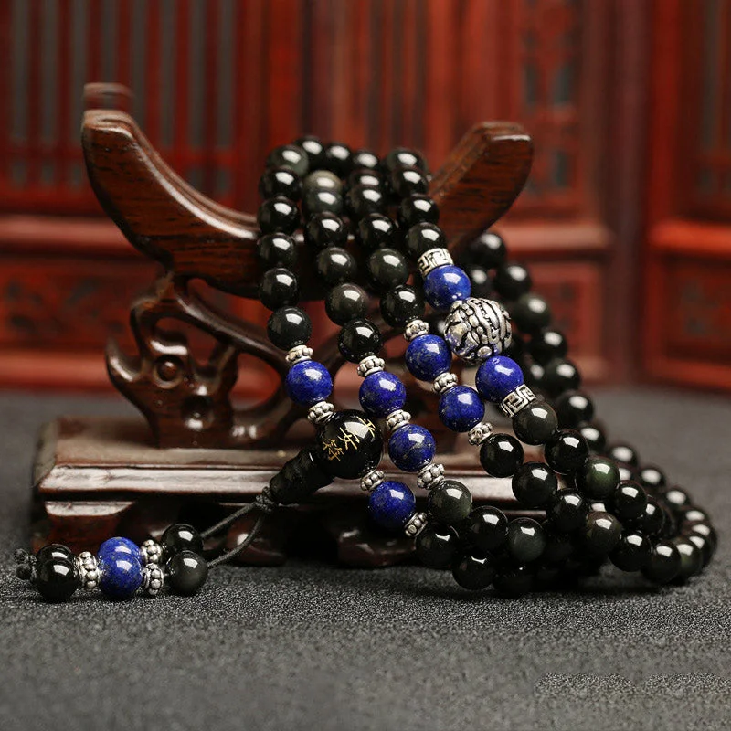 Black Obsidian Tiger Eye Lazurite 108 Beads Mala Necklace Bracelet