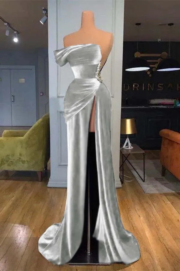 One Shoulder Trumpet Mermaid Light Blue Beading Prom Dress main image 1