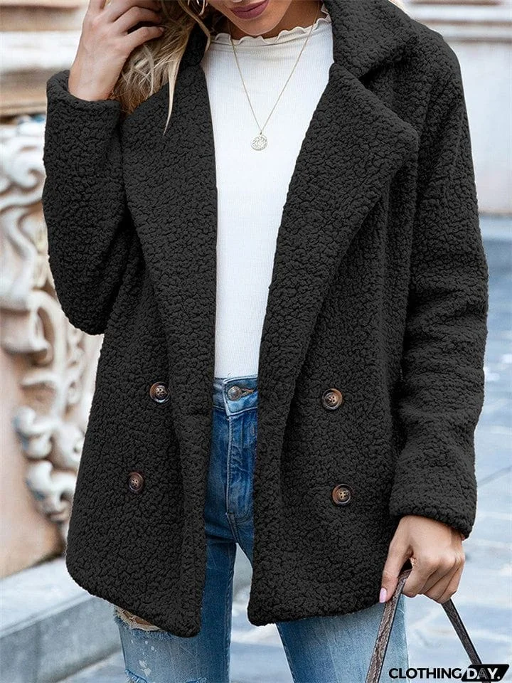 Casual Trendy Lapel Buttons Solid Color Coat For Women