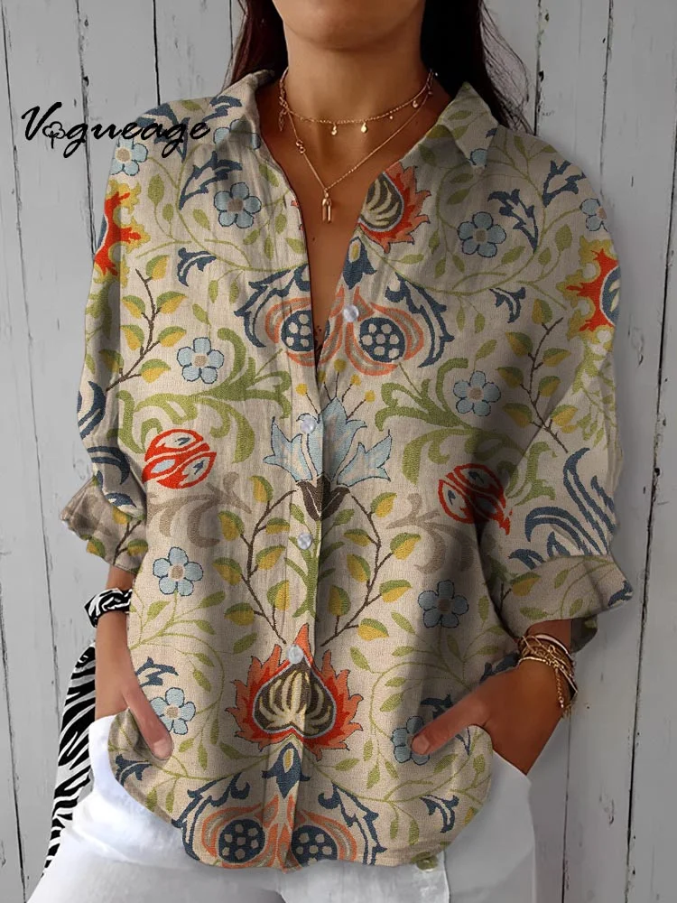 Simple Retro Plant Pattern Printed Cotton And Linen Shirt