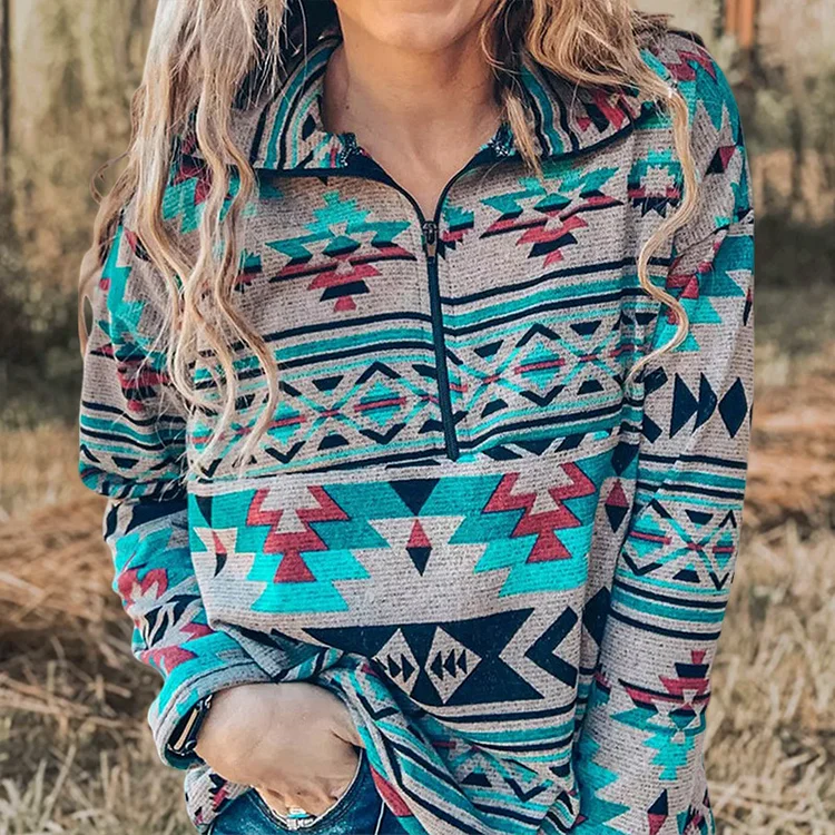 Vintage Aztec Graphic Print Zip Blouse