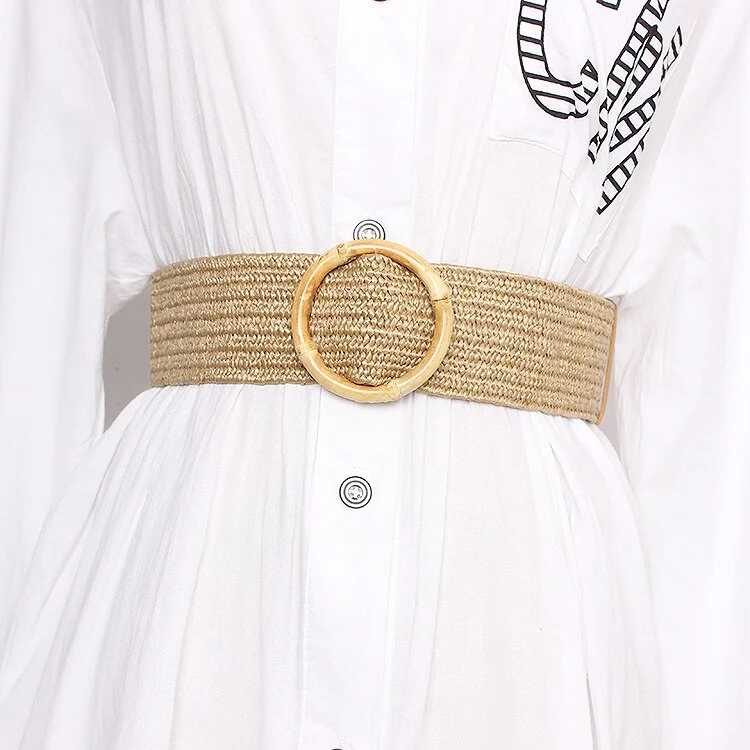 Designer's new natural bamboo buckle women's belt holiday wind seaside Bohemian bamboo buckle grass woven elastic belt girdle