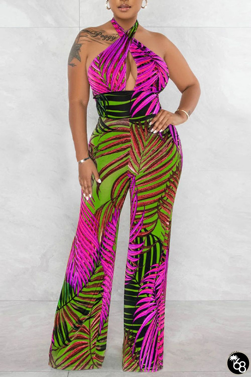 Rose Red Sexy Print Patchwork Halter Straight Jumpsuits | 168DEAL
