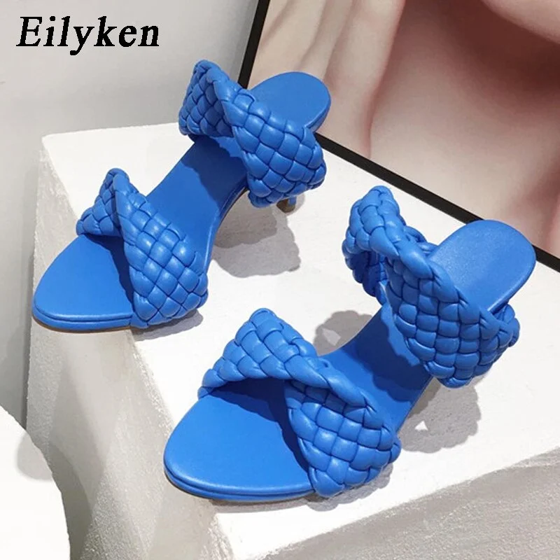 Eilyken Fashion Woman Handmade Weave Knitted Slippers Lady Crossover Open Toe Thin Heels Party Sandals White Black Blue size 42