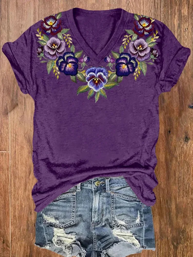 Women's Alzheimer's Purple Floral V-Neck T-Shirt