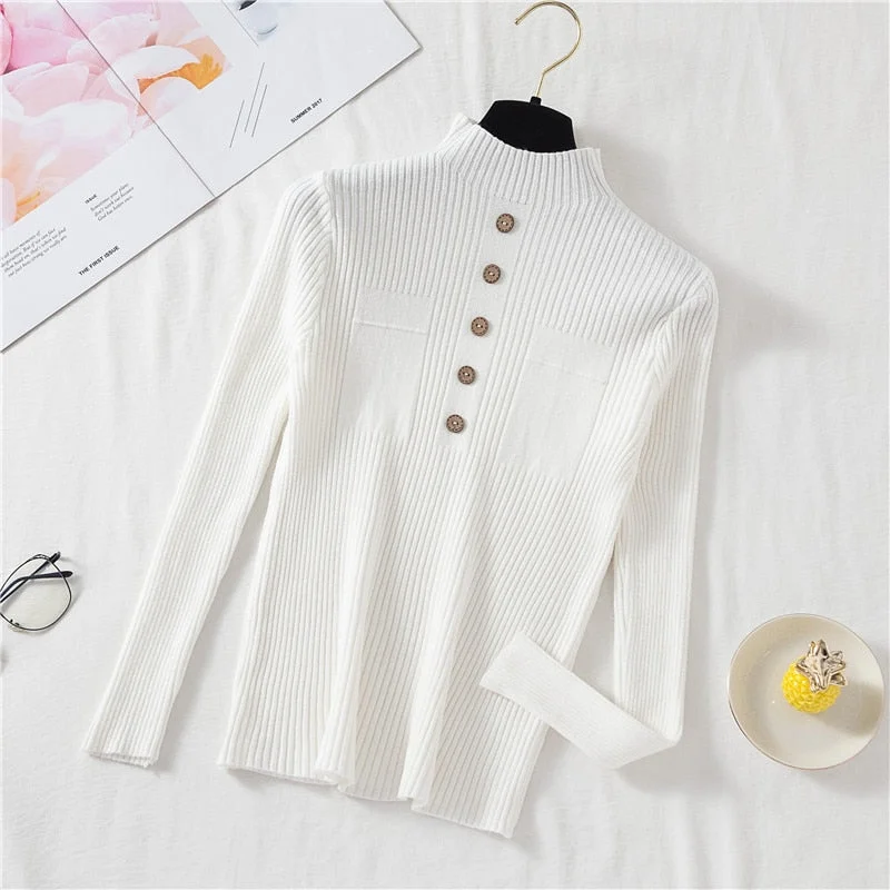 Zoki Pullover Women Sweater Autumn Knitted Button Long Sleeve Half Turtleneck Female Jumper Elastic Korean Fashion Blouse Top