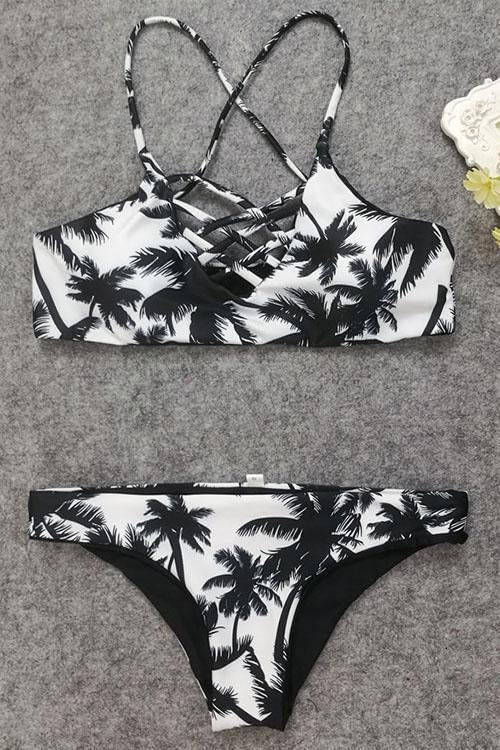 Black Palm Tree Print Crisscross Sexy Strappy Bikini - Shop Trendy Women's Clothing | LoverChic