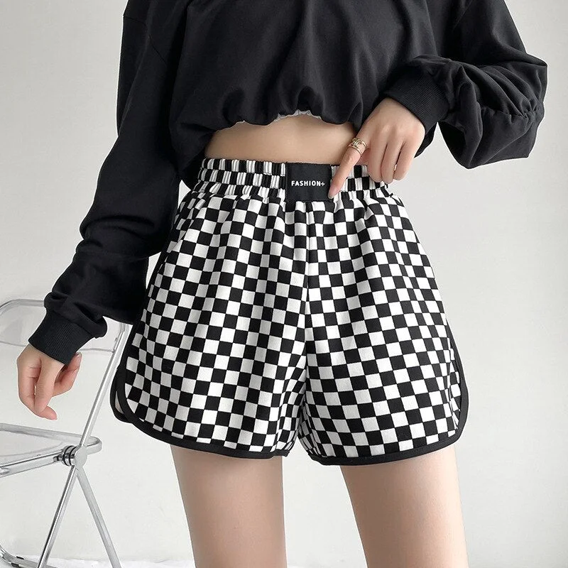 Casual Checkerboard Women&#39;s Shorts Loose Fashion High Waist Ladies Wide Leg Straight Pant Versatile Women Sports Shorts 2022 New