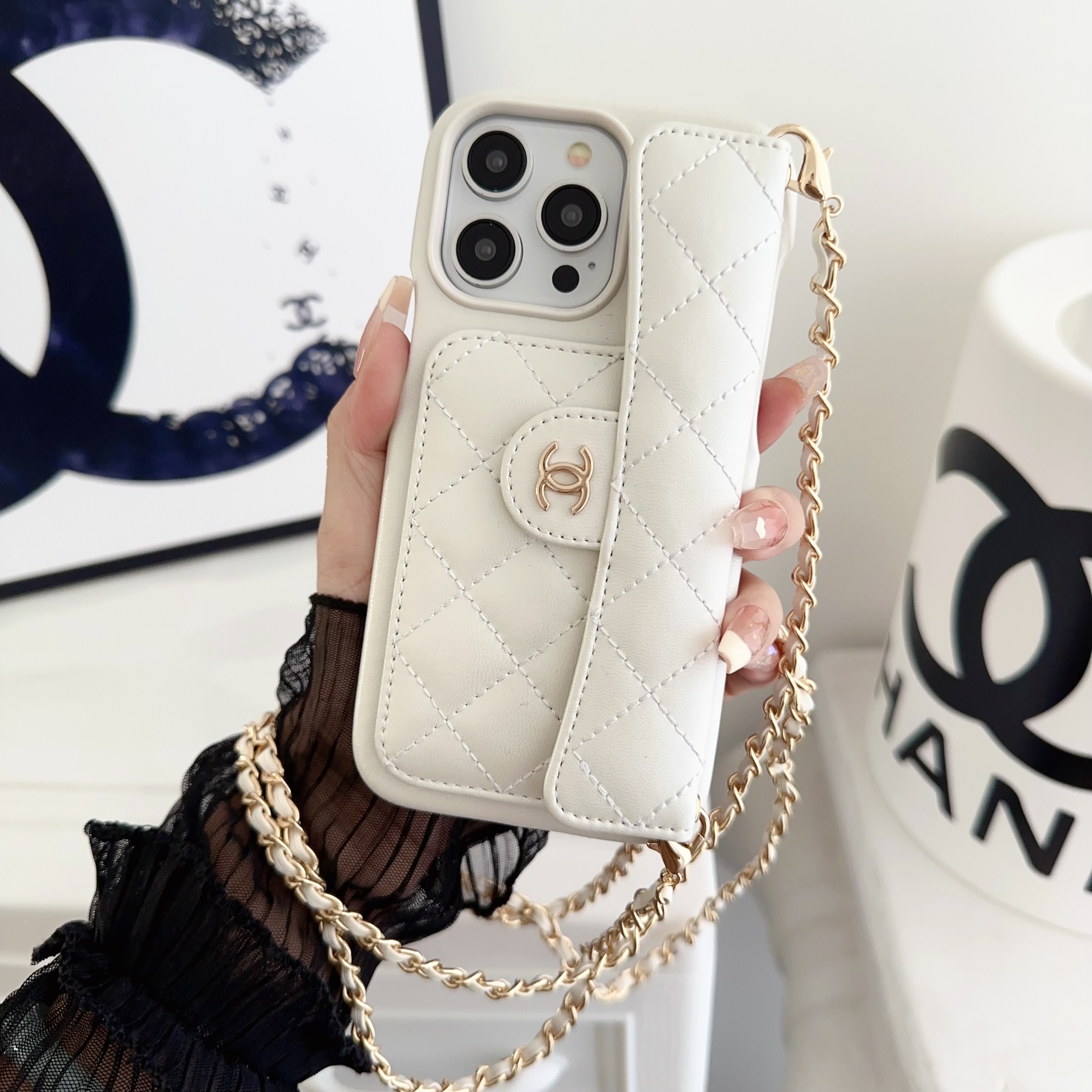 Chanel Official Hand Chain Cardholder Leather iPhone Case Crossbody Cord