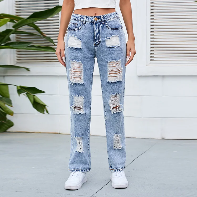 Women's Denim Jeans Mid Waist Street Style Girls Ripped Denim Pants