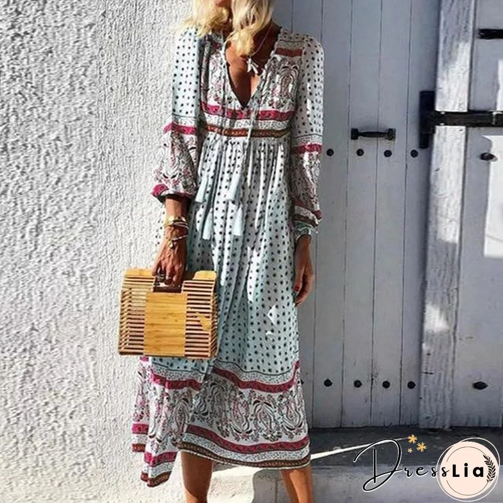 Women V-neck Lace-Up Tassel Autumn Dress Plus Size Long Sleeve Floral Print Party Maxi Dress