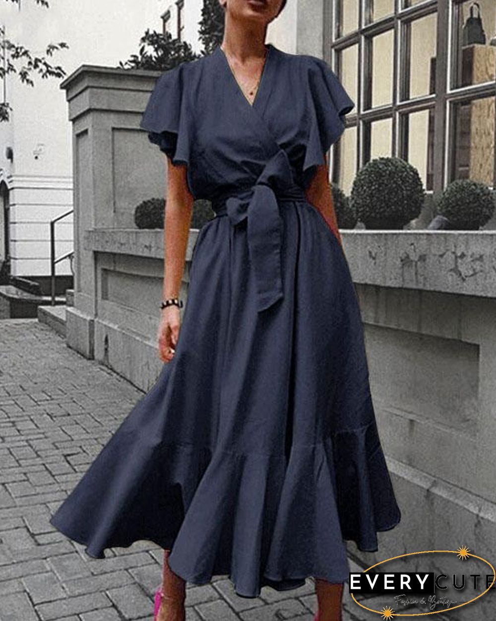 Retro Solid Color V-neck High-waist Lace-up Ruffle Dress