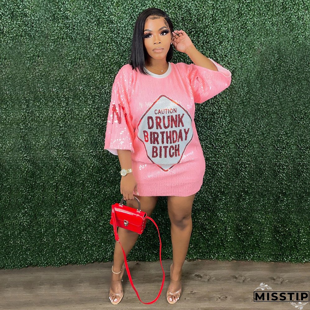 Trendy Round Neck Half Sleeve Loose Sequin Print Party Sequined Nightclub Style Women's Dress