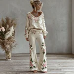 Women's Pink Floral Embroidered Art Knit Pants - Image 2